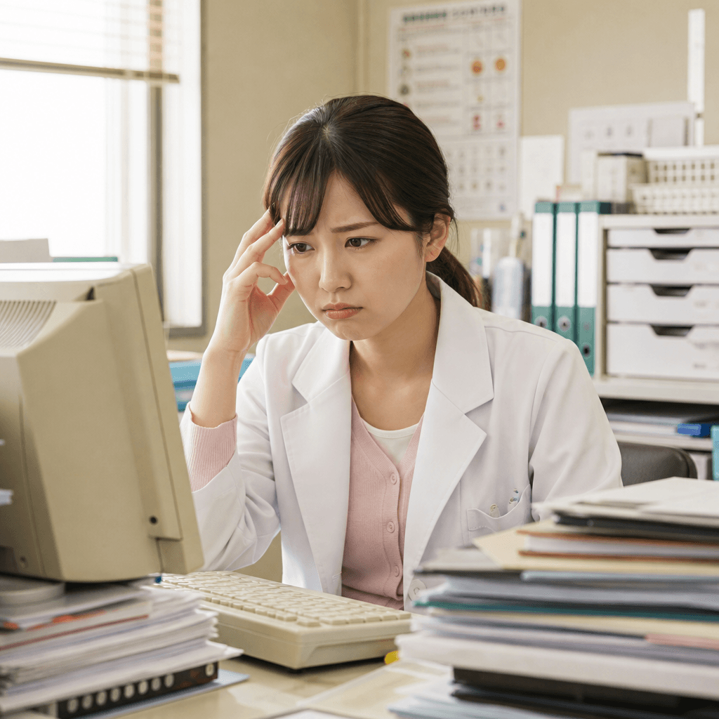 紙のカルテと古いシステムに向き合う若い医療職員の様子